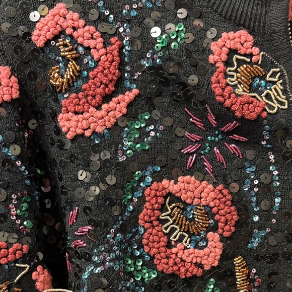 Maje Black Bomber Jacket with Pink Floral Beading - Picture 4 of 6